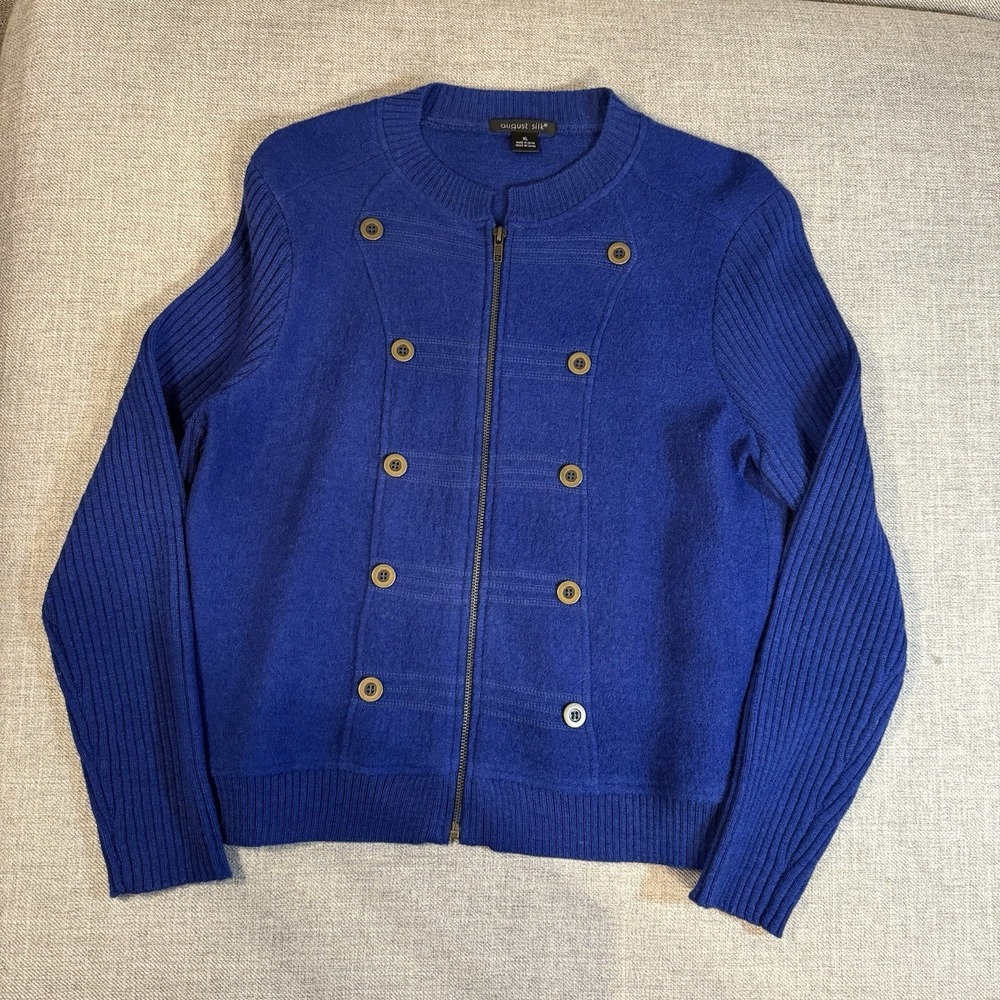 August Silk Women's XL Wool Blue Zip Front Sweater Jacket Military Style Office